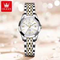 OLEVS 9998 Women's Fashion Business Waterproof Stainless Steel Double Calendar Diamond Quartz Watch - White & Silver & Golden